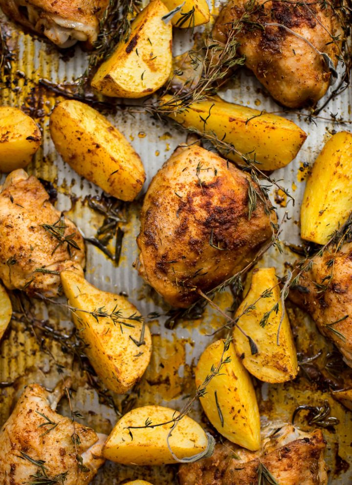 This sheet pan baked chicken and potatoes recipe is super easy and makes a delicious and comforting dinner that the whole family will love!
