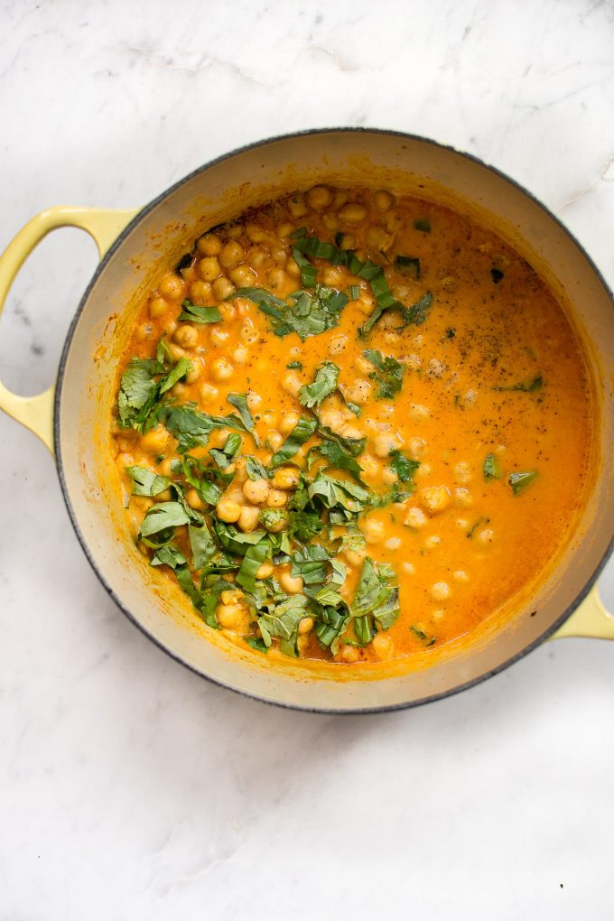 a yellow pot with easy chickpea coconut curry
