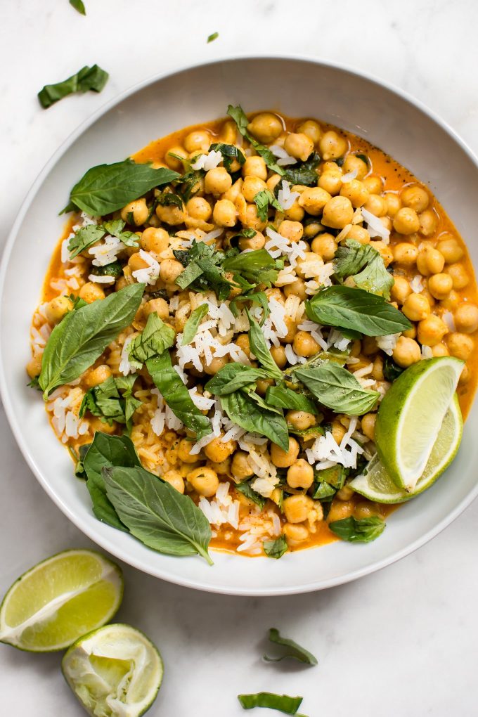 close-up of chickpea coconut curry on a plate
