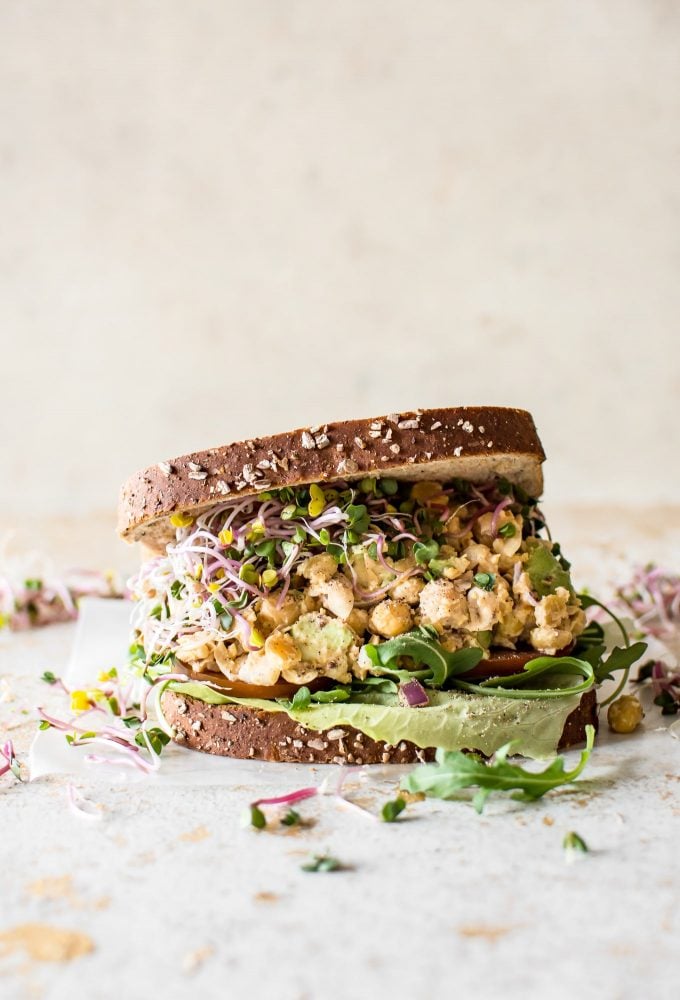 chickpea salad overflowing from a sandwich