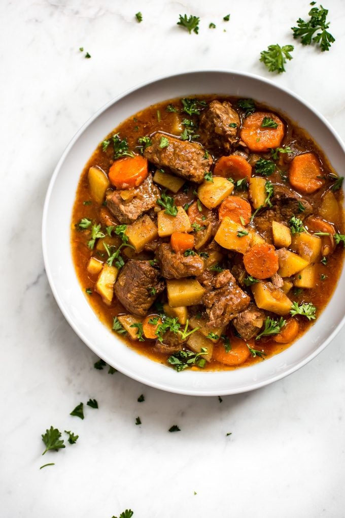 white plate with Crockpot beef stew