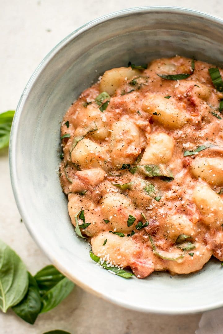 close-up of gnocchi with vodka tomato sauce in bowl
