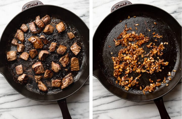 browning beef and onions in a skillet