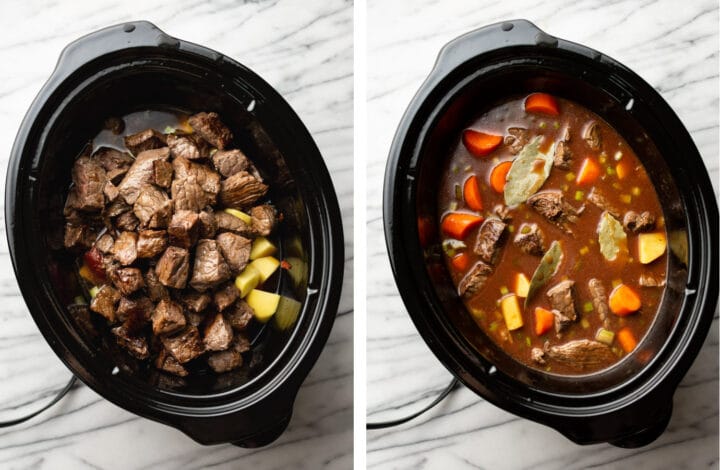 beef stew in a slow cooker before and after cooking