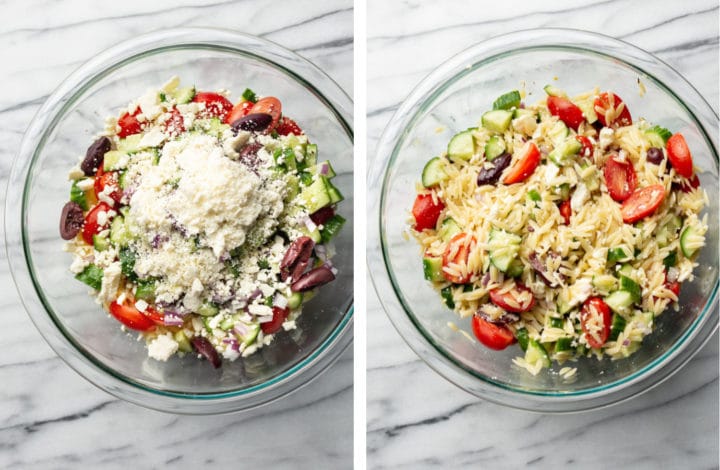 assembling mediterranean orzo salad in a glass bowl
