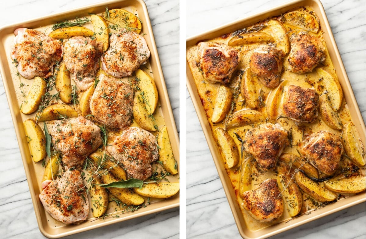 a baking sheet with chicken and potatoes before and after baking