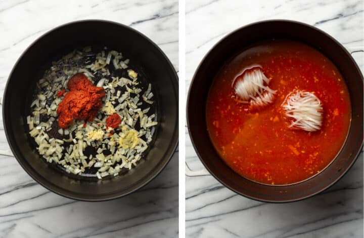 sauteing onions and adding red curry paste and broth to a soup pot