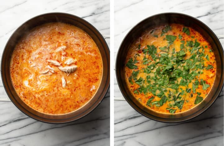 simmering thai chicken curry soup and adding fresh herbs