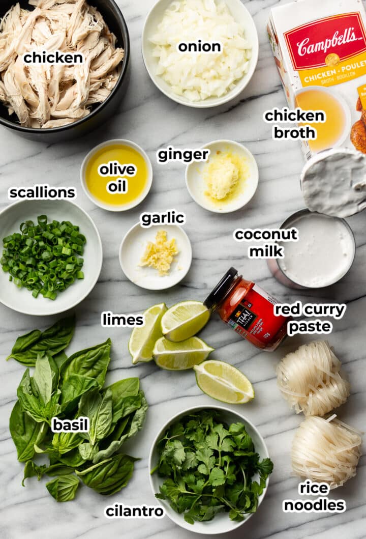 ingredients for thai chicken curry soup in prep bowls