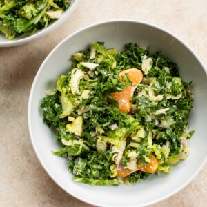 This easy shredded kale and Brussels sprouts salad is the perfect winter salad recipe. Mandarin oranges and pecorino cheese make it extra delicious.