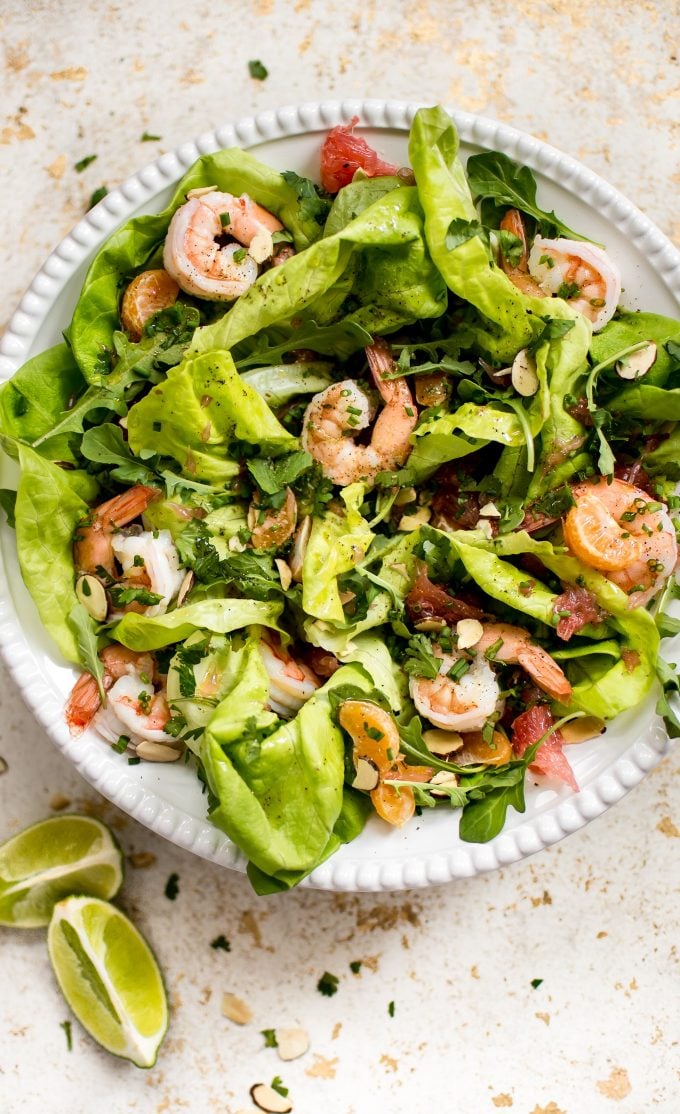 close-up of easy shrimp and citrus salad on a plate