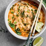 This Thai chicken curry soup is quick, easy, comforting, and full of fabulous flavor. A great way to use up leftover or rotisserie chicken!