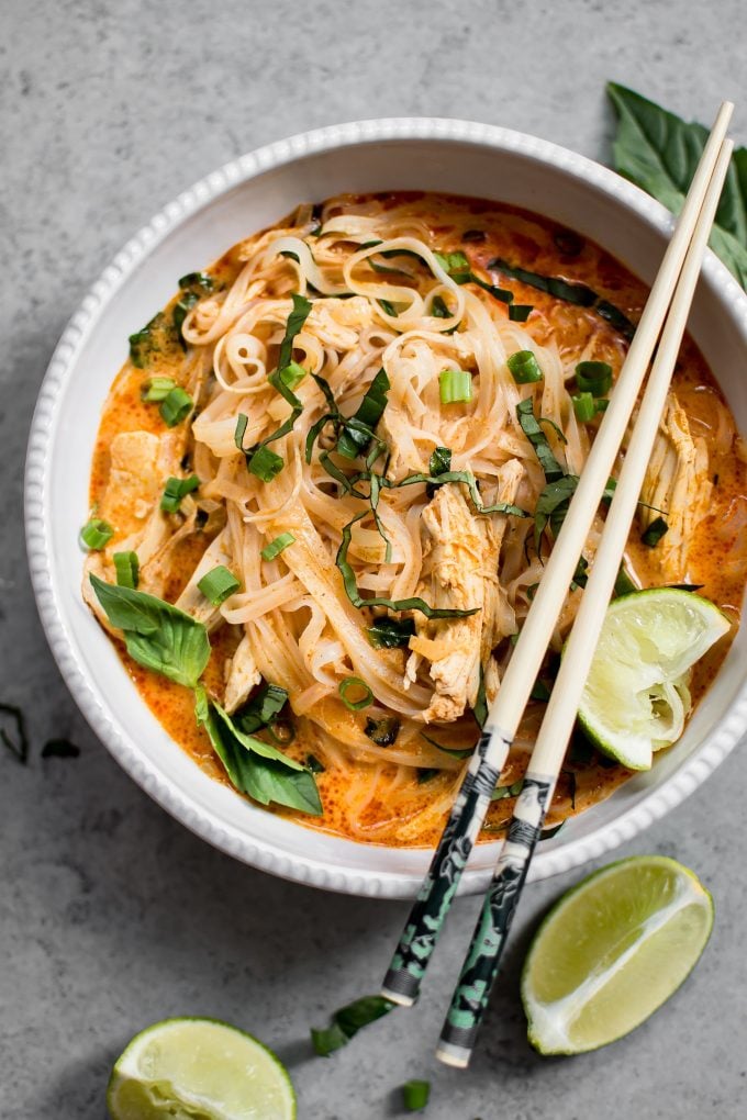 close-up of easy Thai chicken curry soup in a bowl