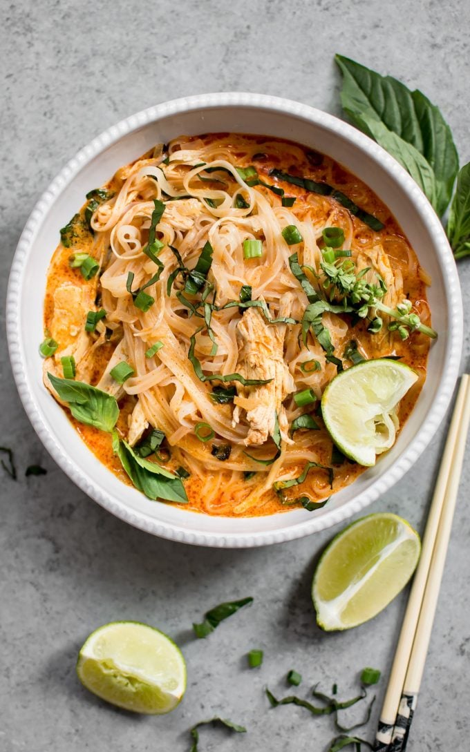 close-up of easy Thai chicken curry soup in a bowl