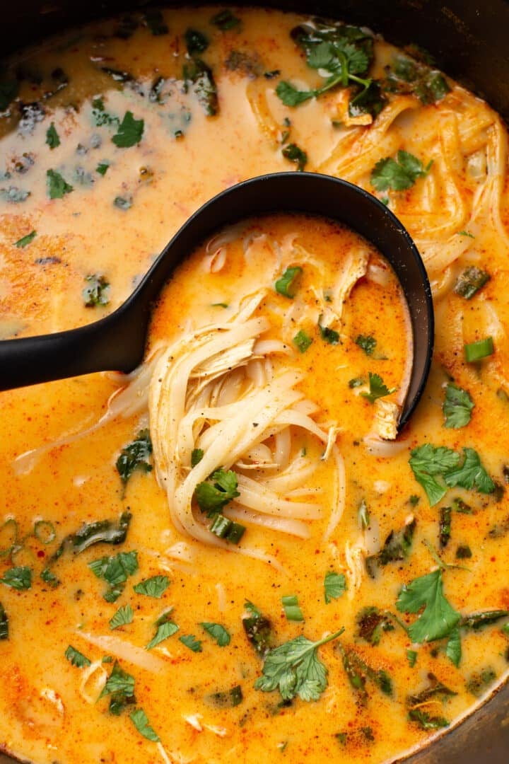 a ladle with thai chicken soup