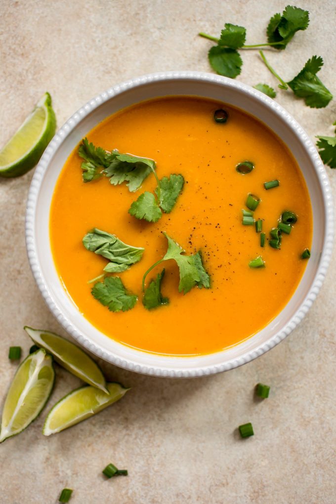 vegetarian butternut squash soup with coconut milk in a white bowl