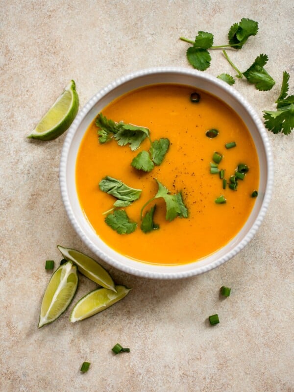 Thai butternut squash coconut curry soup in a white bowl