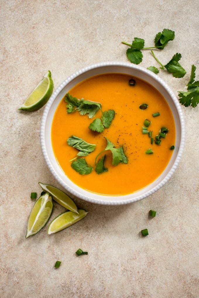 Thai butternut squash coconut curry soup in a white bowl