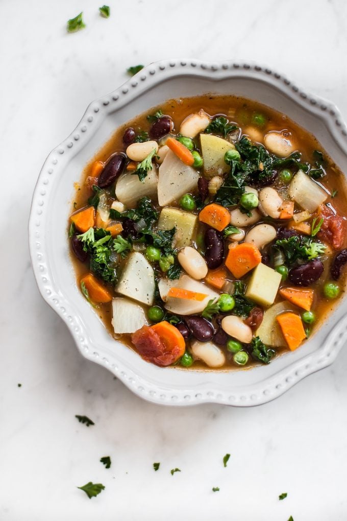 ceramic bowl with vegetable bean soup