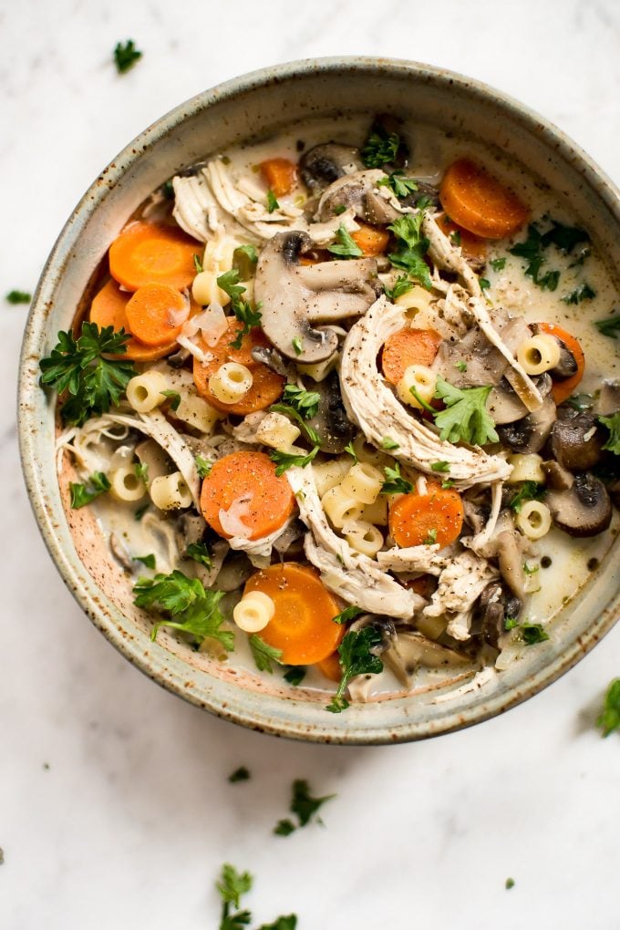 close-up of bowl of chicken mushroom soup