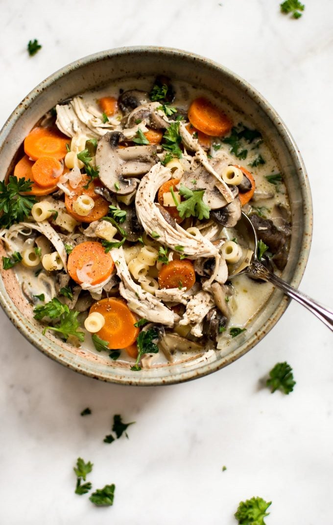 close-up of chicken mushroom soup with carrots