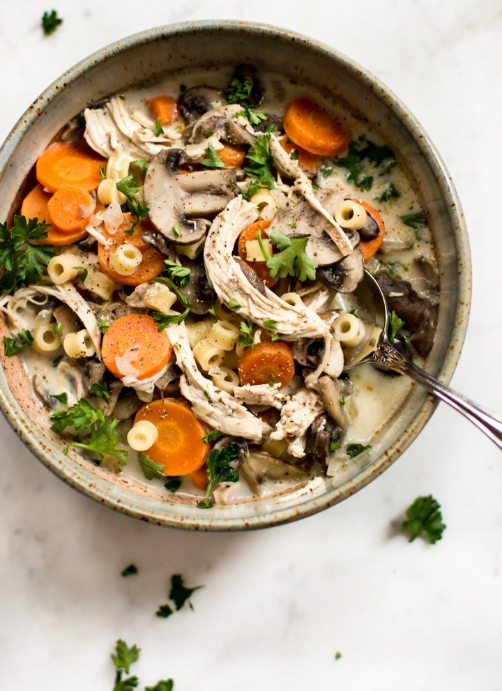 This easy healthy chicken and mushroom soup recipe is hearty and flavorful. It's also a great way to use up leftover chicken and comes together in just over 30 minutes.