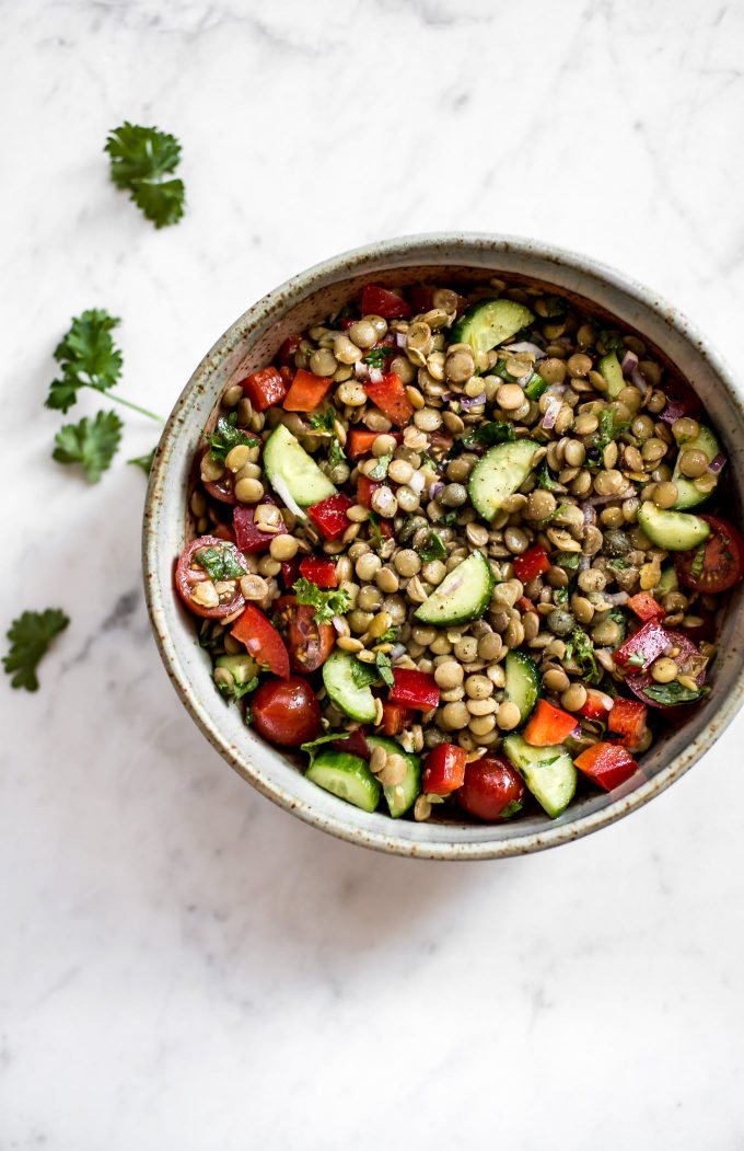 close-up of healthy lentil salad in a bowl