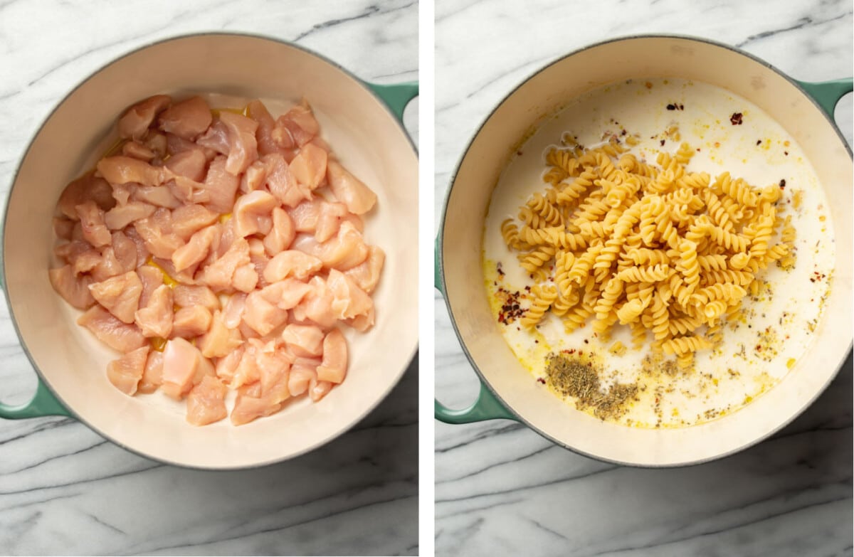 sauteing chicken in a soup pot and adding in sauce ingredients and pasta