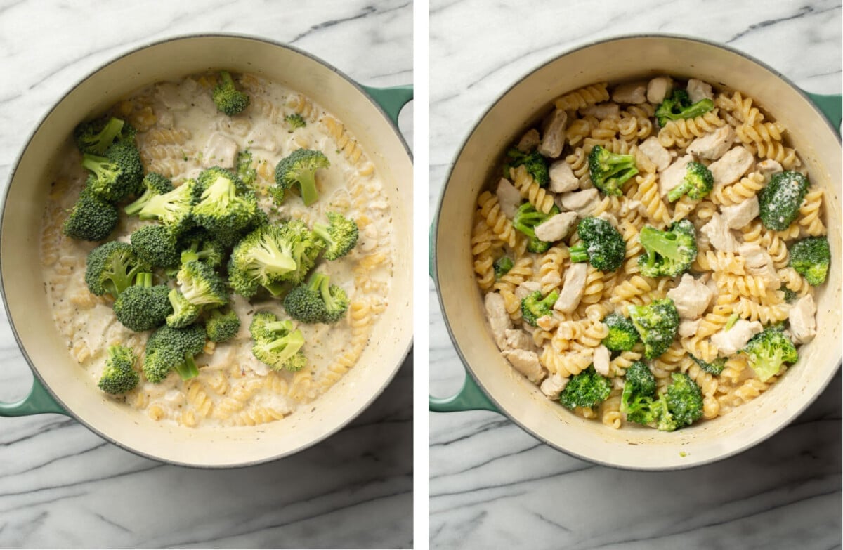 a pot with chicken and broccoli pasta before and after cooking
