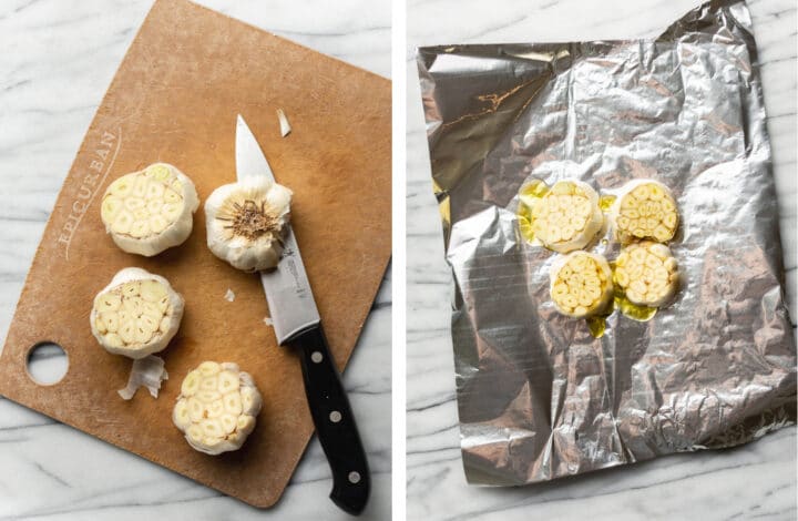 cutting a head of garlic and adding to foil