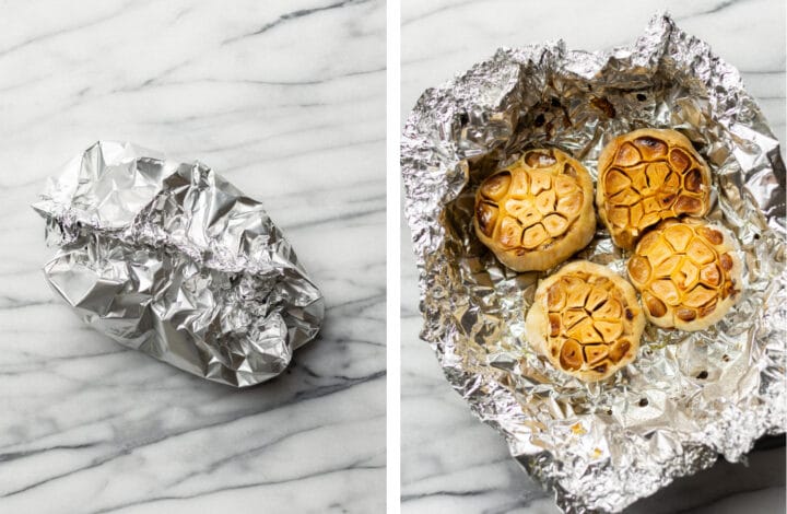 roasted garlic before and after putting in the oven