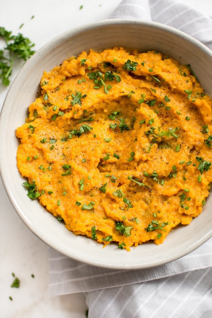close-up of Instant Pot mashed sweet potatoes in a bowl