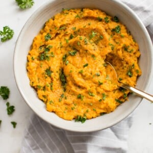 These Instant Pot mashed sweet potatoes are fluffy, creamy, and make the perfect side dish for winter, fall, a special occasion like Thanksgiving or Christmas, or whenever you want a big bowl of comfort!