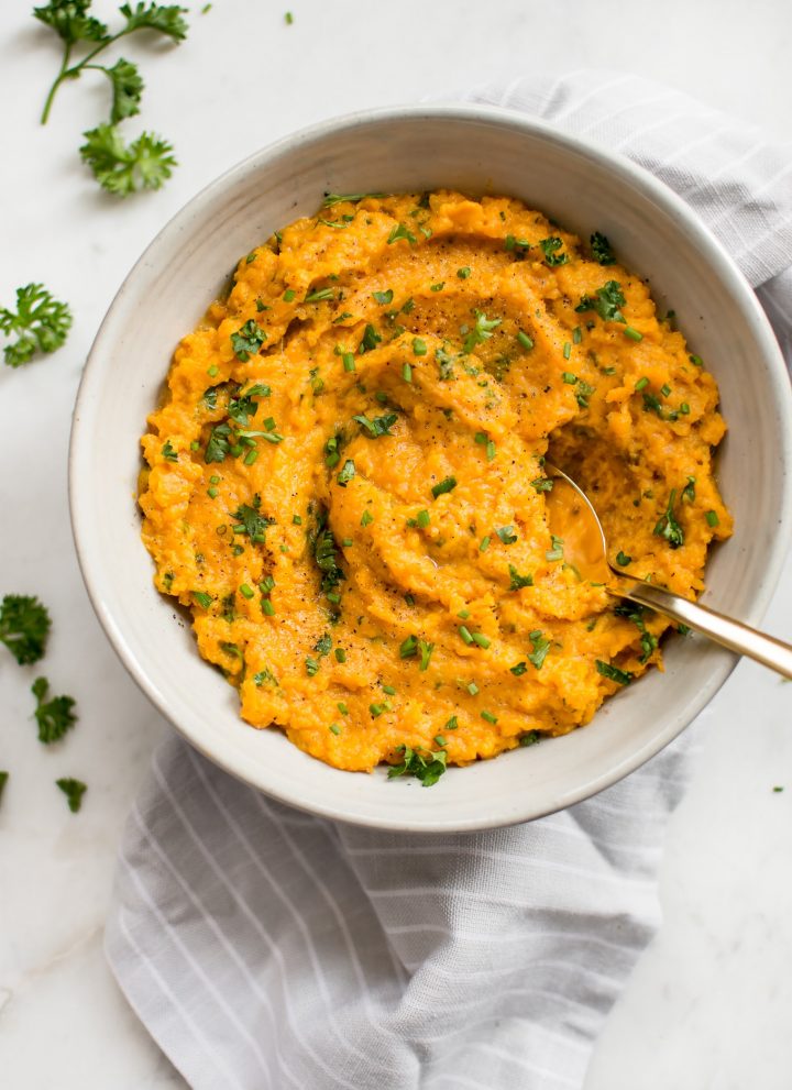 These Instant Pot mashed sweet potatoes are fluffy, creamy, and make the perfect side dish for winter, fall, a special occasion like Thanksgiving or Christmas, or whenever you want a big bowl of comfort!