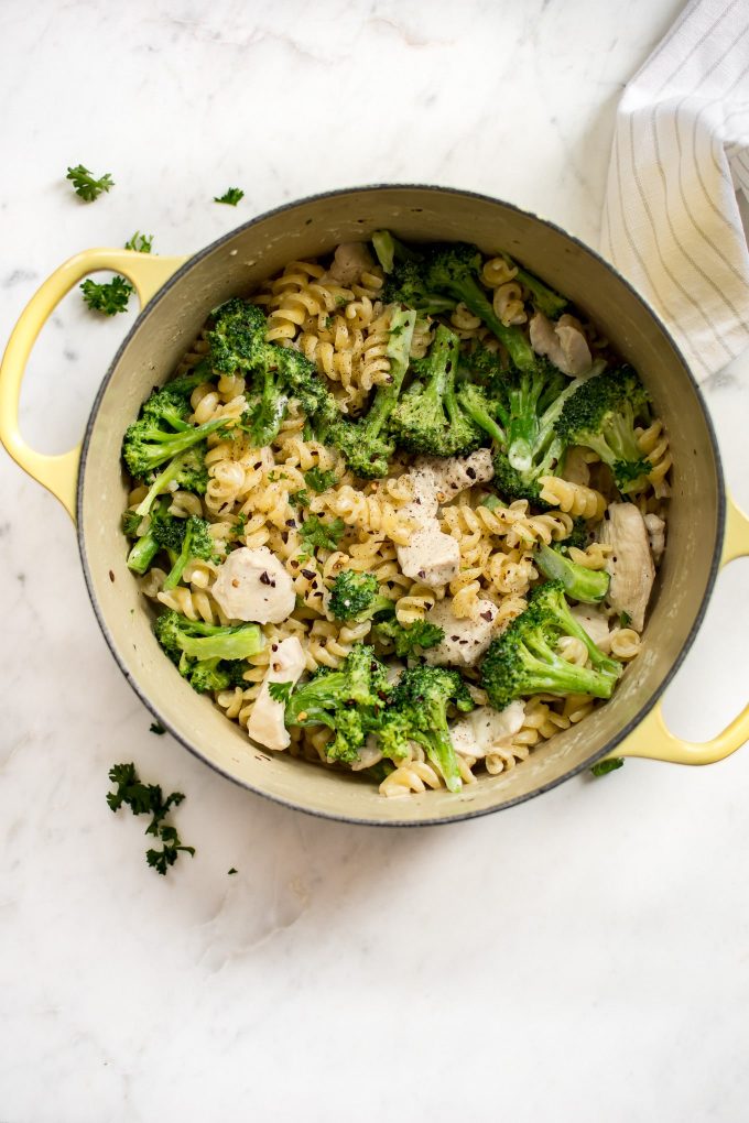 a pot with chicken broccoli pasta 