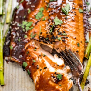 This quick and easy sheet pan salmon and asparagus makes a delicious dinner! The sweet hoisin sauce glaze will have everyone asking for seconds!