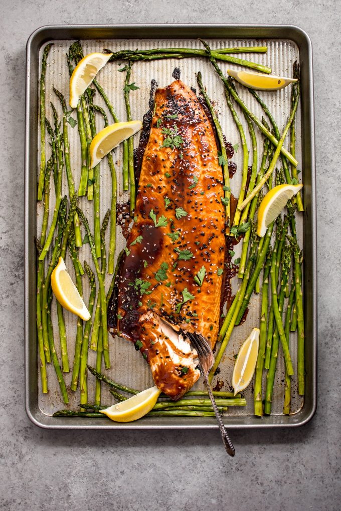 hoisin salmon and asparagus on a sheet pan