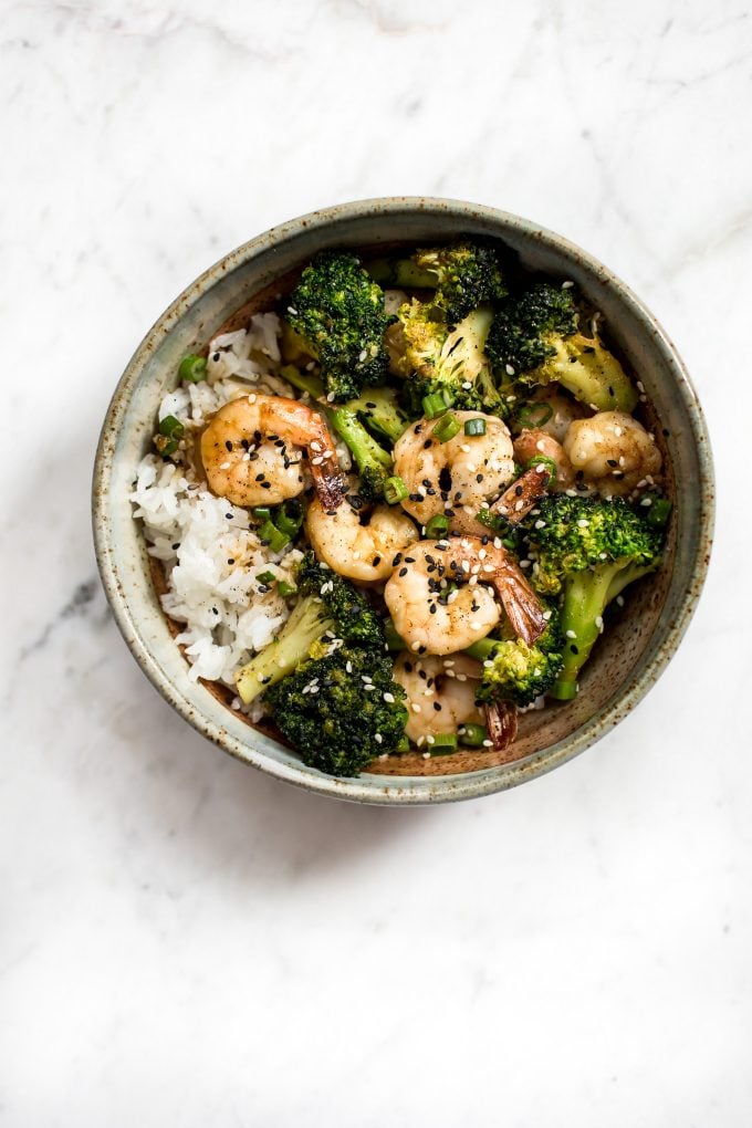 easy shrimp and broccoli in a bowl served over rice