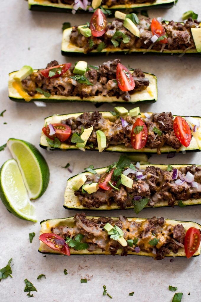 close-up of zucchini taco boats with ground beef