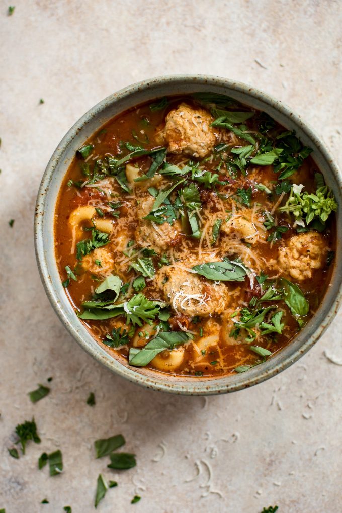 stoneware bowl of easy turkey meatball soup