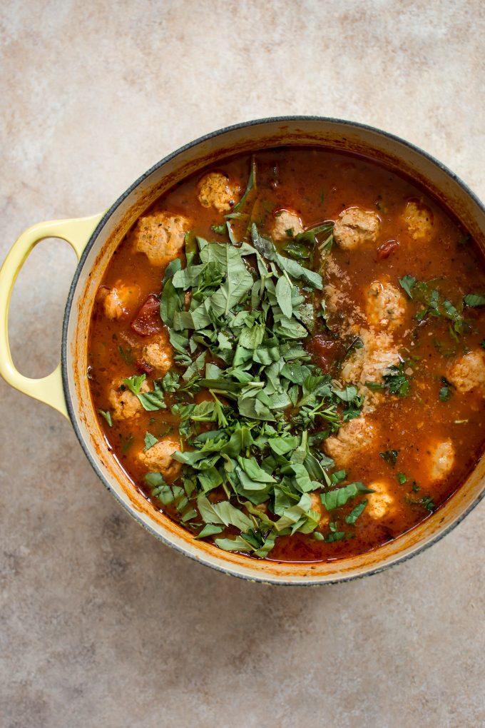 a yellow pot with turkey meatball soup