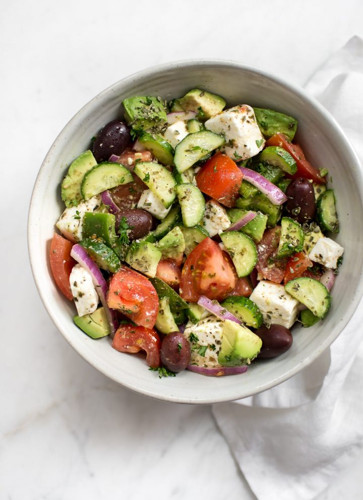 This avocado Greek salad recipe is healthy, fast, and bursting with fresh Mediterranean flavors. This salad is delicious and good for you! 