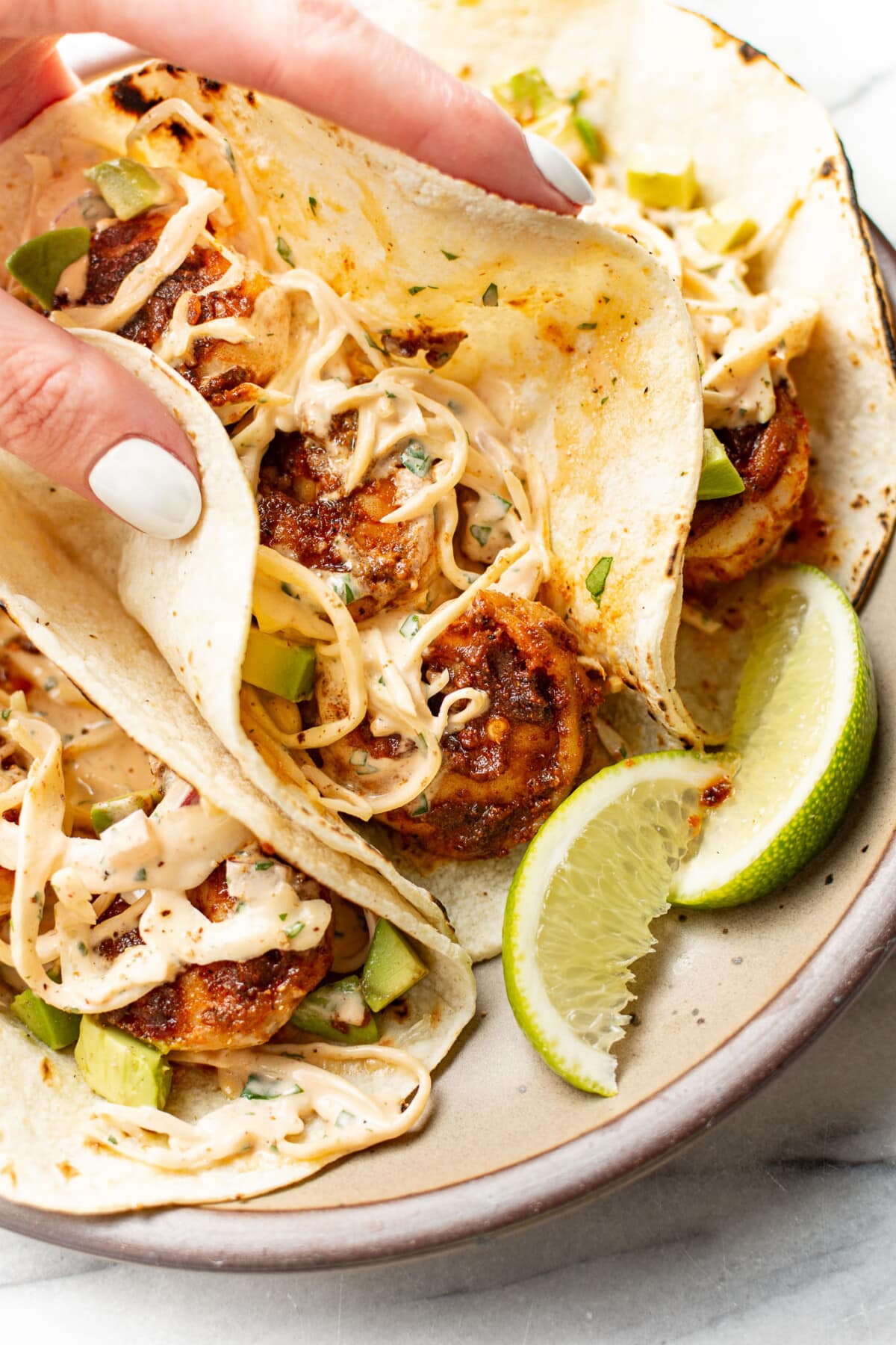a female hand holding a blackened shrimp taco