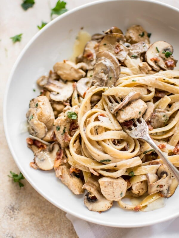 This chicken bacon mushroom pasta recipe is a quick and simple weeknight dinner. It has a delicious creamy balsamic sauce with a hint of garlic that's sure to become a family favorite!