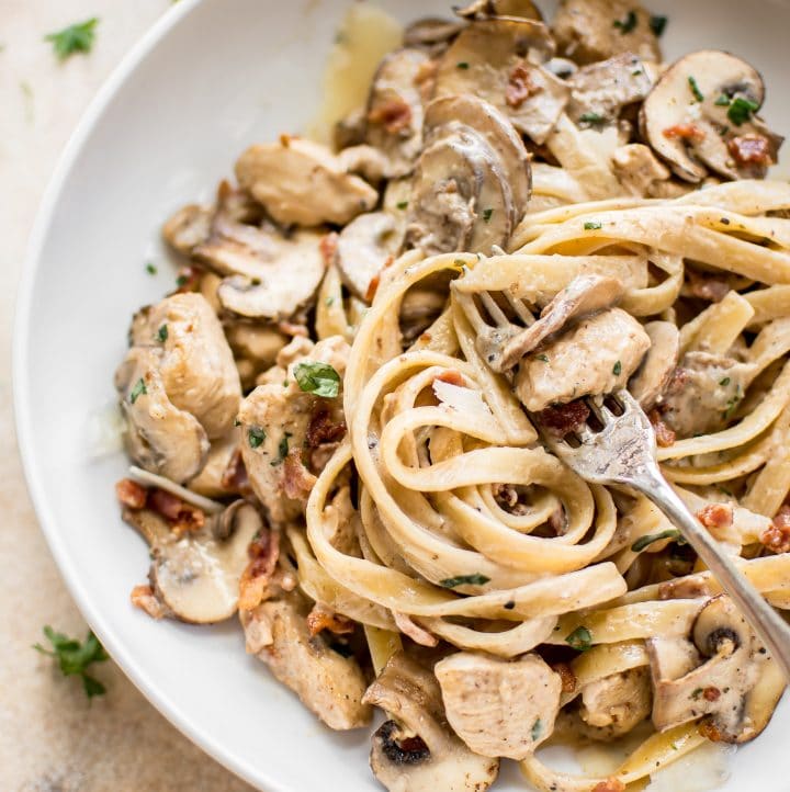 Creamy Balsamic Chicken Bacon Mushroom Pasta Recipe • Salt & Lavender