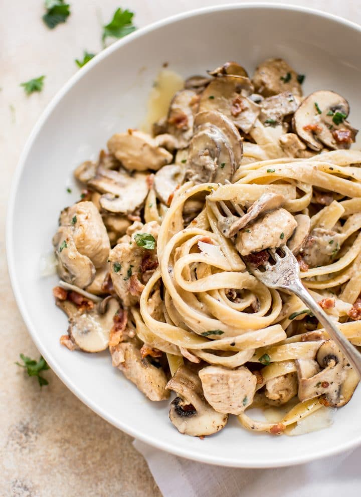 This chicken bacon mushroom pasta recipe is a quick and simple weeknight dinner. It has a delicious creamy balsamic sauce with a hint of garlic that's sure to become a family favorite!