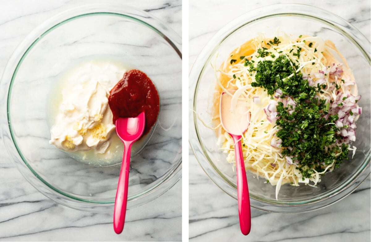 making creamy sriracha slaw in a prep bowl for shrimp tacos