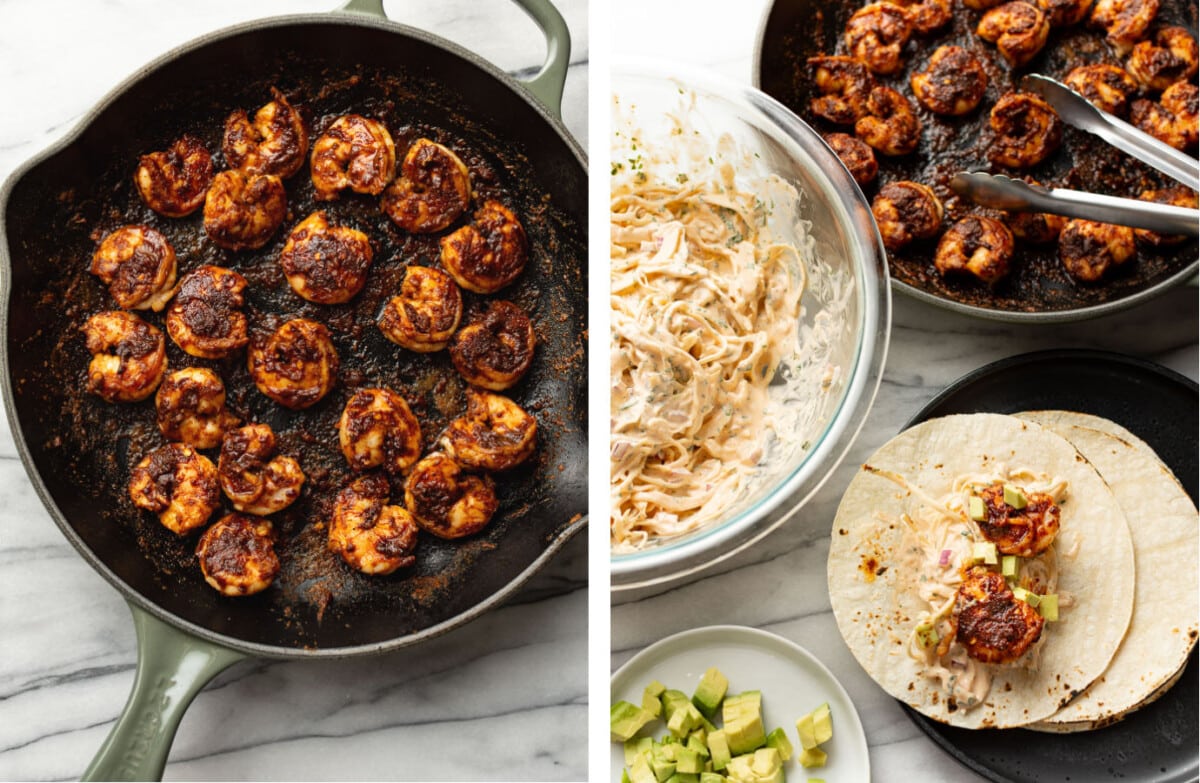 pan frying blackened shrimp in a skillet and assembling shrimp tacos
