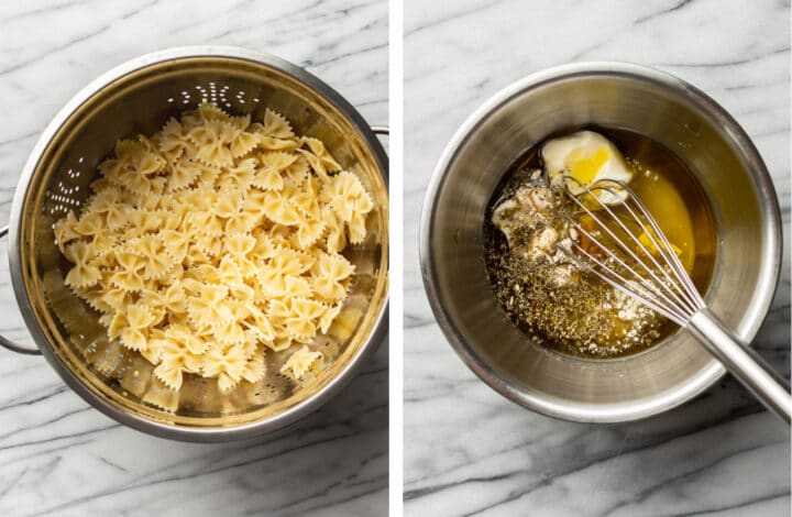 draining pasta and whisking italian dressing in a bowl