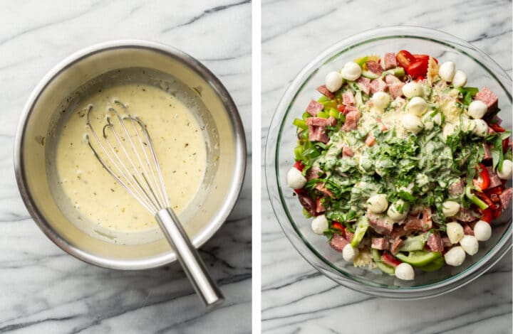 assembling italian pasta salad and adding dressing